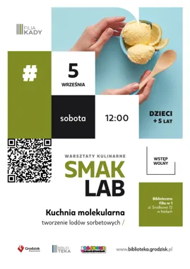 Grafika promocyjna wydarzenia Smak Lab w Kadach. Warsztaty kulinarne dla dzieci
