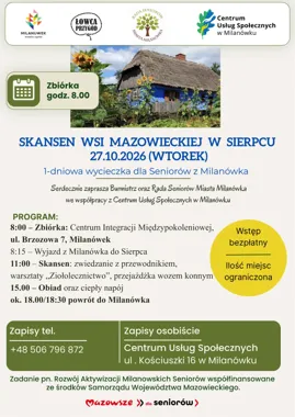 Grafika promocyjna wydarzenia Wycieczka seniorów do Skansenu Wsi Mazowieckiej w Sierpcu