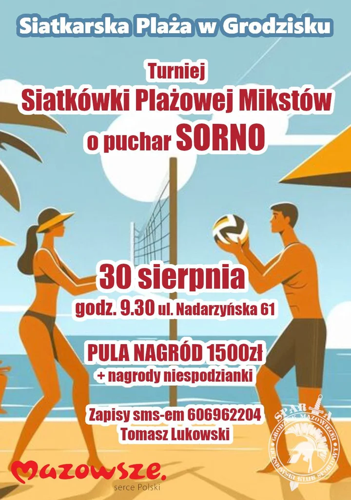Obrazek przedstawia grafikę promocyjną wydarzenia Turniej siatkówki plażowej mikstów w Grodzisku Mazowieckim