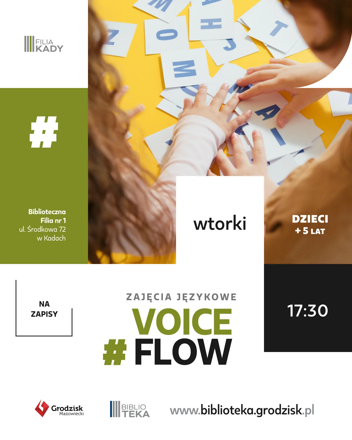 Grafika promocyjna wydarzenia Voice Flow w Kadach (Język angielski dla dzieci)