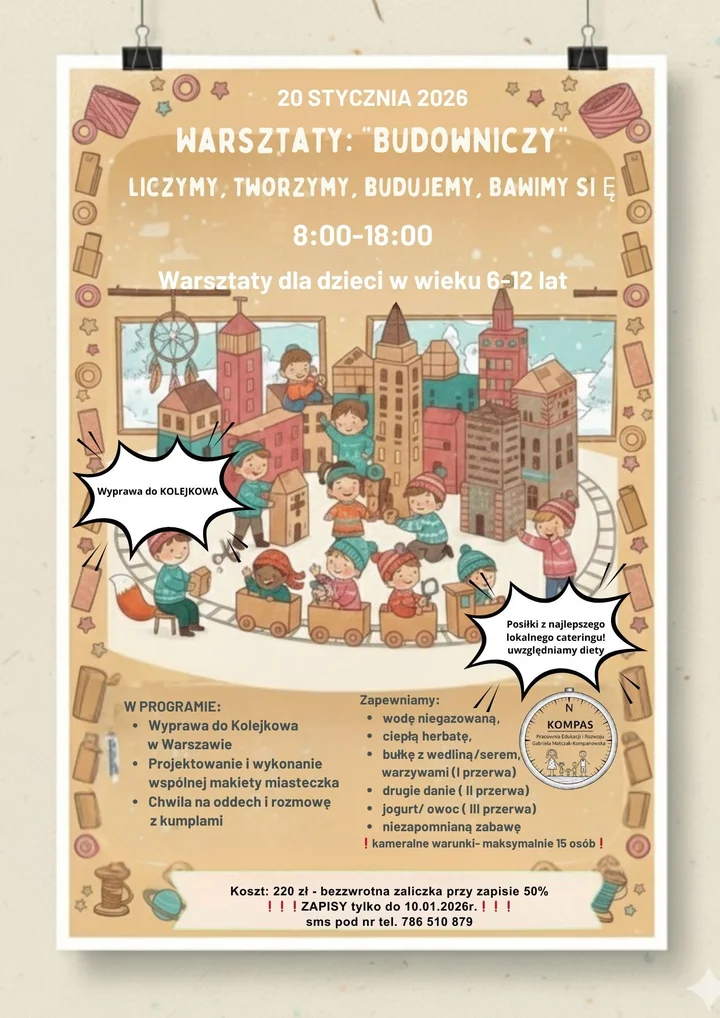 Grafika promocyjna wydarzenia Warsztaty Budowniczy — warsztaty ze sznurkiem i wizyta w Kolejkowie