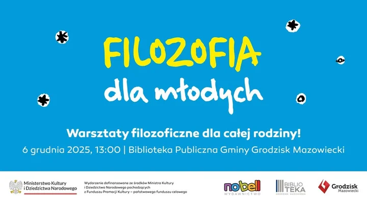 Grafika promocyjna wydarzenia Filozofia dla młodych — warsztaty dla dzieci i rodziców w Grodzisku Mazowieckim