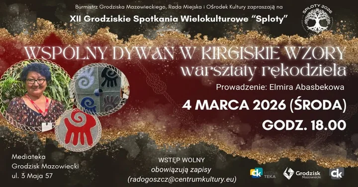 Grafika promocyjna wydarzenia Wspólny dywan w kirgiskie wzory — warsztaty rękodzieła (XII Grodziskie Spotkania Wielokulturowe SPLOTY 2026)