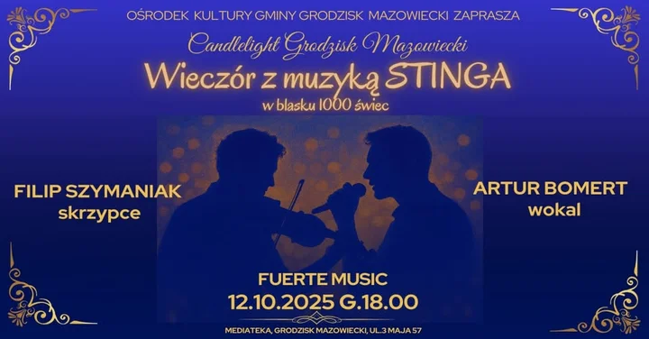 Obrazek przedstawia grafikę promocyjną wydarzenia Koncert Stinga w akustycznych aranżacjach przy świetle świec