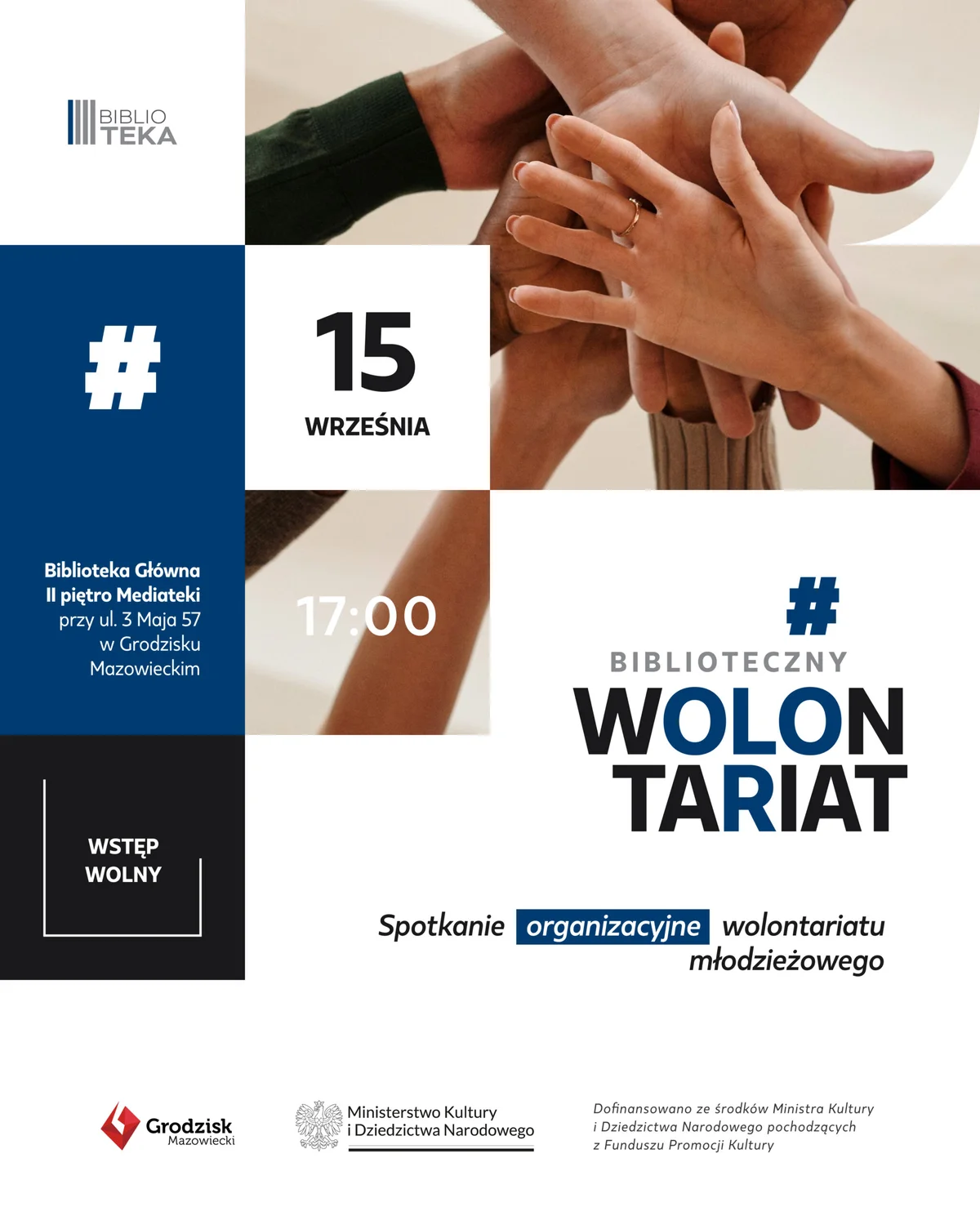 Grafika promocyjna wydarzenia Wolontariat w bibliotece? Zapraszamy na spotkanie organizacyjne