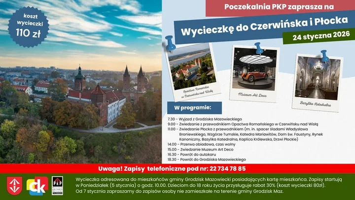 Grafika promocyjna wydarzenia Wycieczka do Czerwińska i Płocka dla mieszkańców Gminy Grodzisk Mazowiecki