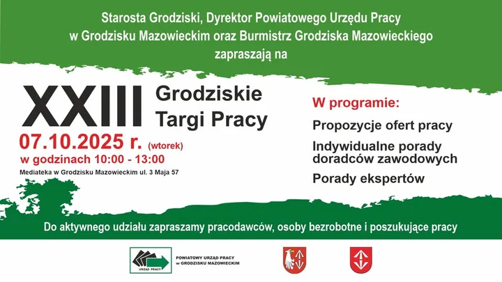 Obrazek przedstawia grafikę promocyjną wydarzenia Targi pracy w Grodzisku Mazowieckim — październik 2024