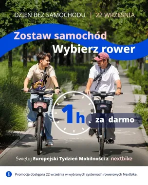 Dzień bez Samochodu. Nextbike oferuje godzinę jazdy bez opłat